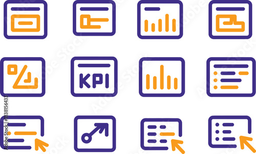 A modern minimal icon set for inclusive dashboards. Large widget boxes, simplified graphs, high-contrast chart lines, readable KPI icons, stat clarity symbols, and simplified filter controls