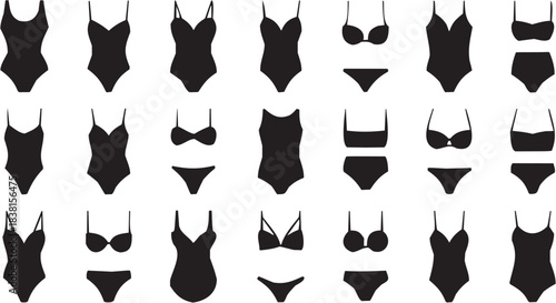 Women's Lingerie Icon Set in Line Style. A collection of various lingerie styles illustrated in black-and-white