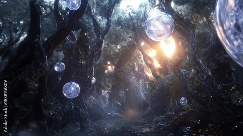 Abstract composition of glowing orbs floating in a dark textured environment