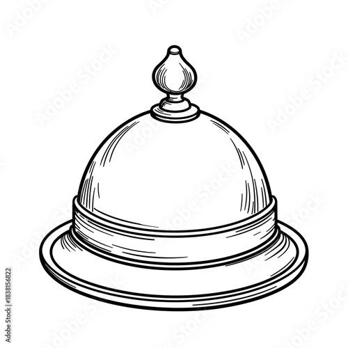 Room service bell with cloche lid, hospitality and hotel service in hand-drawn black and white design