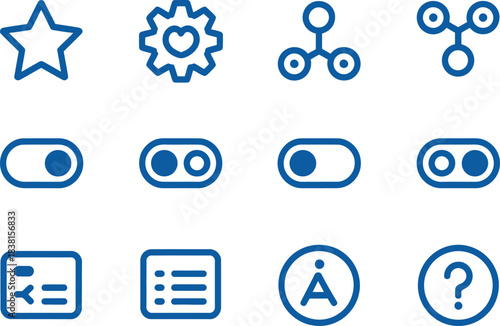 The vector line art icon set containing accessibility quick-access bars. shortcut star, personal preference icon, assistive tool cluster, toggle switch, UI menu, and system help badge