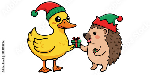 Cute Duck Meme Giving Gift to Hedgehog in Elf Hat, Exaggerated Expressions, Snow, Flat Vector Illustration