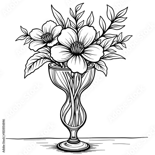 Flower vase illustration with floral design, children’s coloring activity and decorative art in black and white