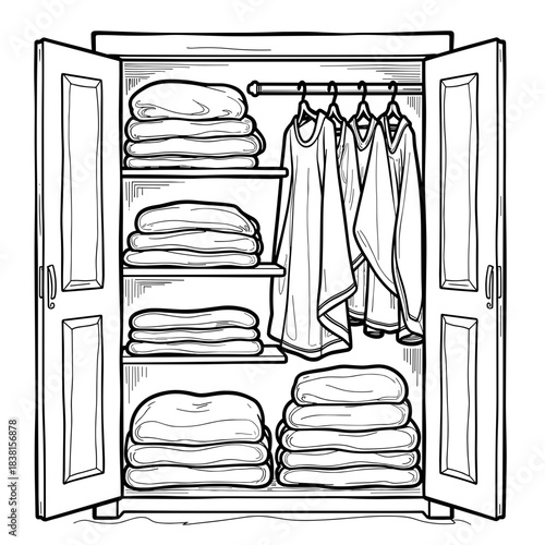 Neatly folded blankets in closet, organization and home storage in black and white illustration