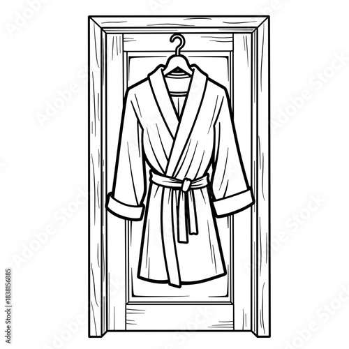 Hanging bathrobe on wooden door, kids coloring activity and interior decoration in home