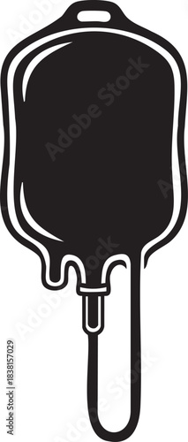 Black silhouette of a medical infusion bag with dripping fluid white