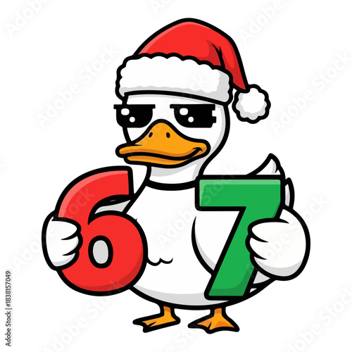 Playful Cartoon Duck in Santa Hat Holding Numbers 6 and 7, Christmas Vector Illustration