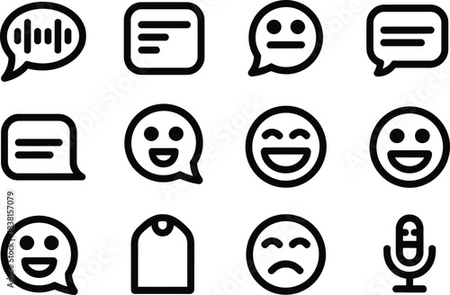 The vector line art icon set containing accessible messaging apps. Voice-to-text bubble, message layout, chat mode, reaction, message tagging button, and speech assist badge