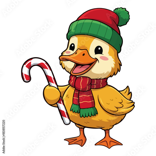 Cute Chubby Duck Holding Candy Cane in Snowy Scene - Merry Quackmas! Vector Illustration