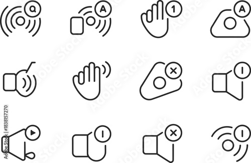 The vector line art icon set containing app notifications accessibility. Visual alert pulse, vibration, pop-up bubble, notification badge, quiet icon, and priority alert indicator