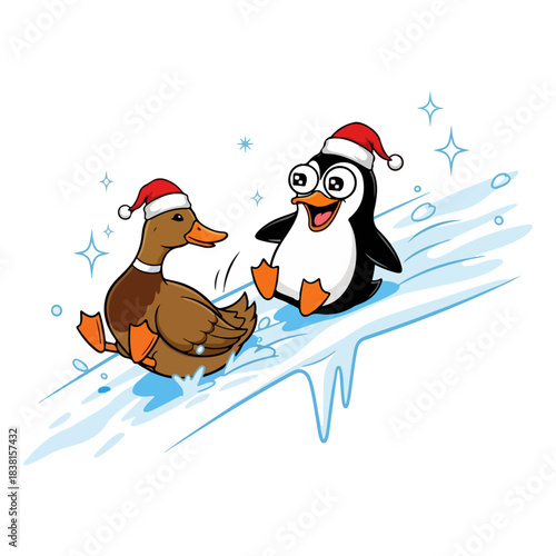 Funny Duck Slipping on Ice with Penguin in Christmas Hats, Cute Meme Eyes, Snow Sparkles, Vector Illustration