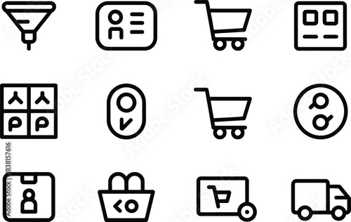 The vector line art icon set containing e-commerce UI. Accessible filter icon, simplified product card, large add-to-cart button, visual size, payment badge, and delivery instruction icon