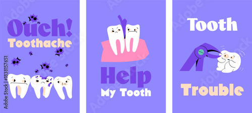 Cute dental posters with teeth showing toothache, bacteria attack and dental extraction fear. Perfect for National Toothache Day, dental clinics, education and medical awareness designs