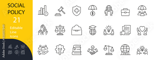 Social Policy Line Icons: Justice, Healthcare, Law, Education, Insurance, and Human Rights vector set. Essential for government, NGO, and public welfare presentations.