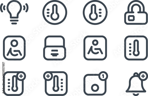 The vector line art icon set containing smart home UI. Voice controlled lights, large-panel thermostat icon, easy lock control, smart hub symbol, automation slider, and household alert icon.