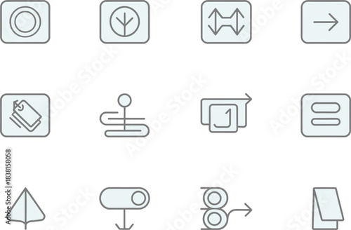 The vector line art icon set containing UI set for websites. Focus outline indicator, semantic structure icon, accessible navigation bar, skip-to-content button, tag hierarchy symbol, and readable lay