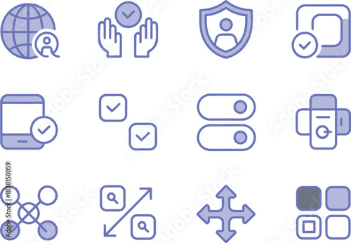 The vector line art icon set containing universal accessibility UI packs. Accessibility, inclusivity shield, multi device compatibility badge, toggle, usability, and adaptive interface symbol