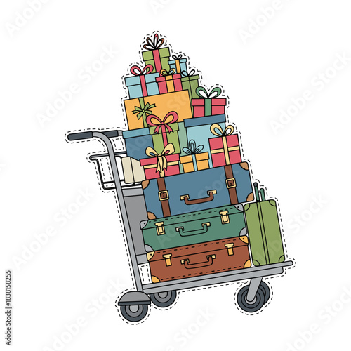 Luggage cart filled with colorful suitcases and wrapped presents  