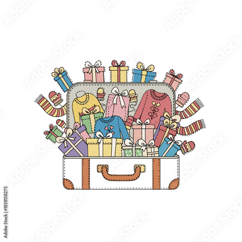 Suitcase overflowing with gifts and warm clothes for holiday travel  