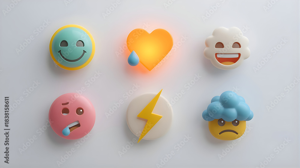 Fototapeta premium Emotional 3D Emoji Icons – Sun, Heart, Cloud, Lightning, Sad Face with Tear 3d icon set