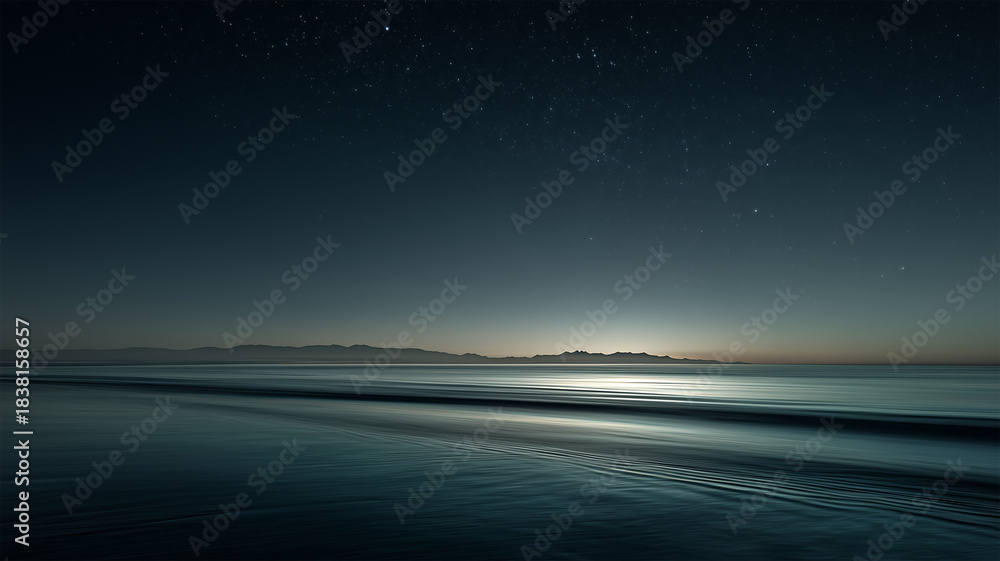Fototapeta premium 星がきらめく夜空と、光を映す海面が広がる静かな夜景