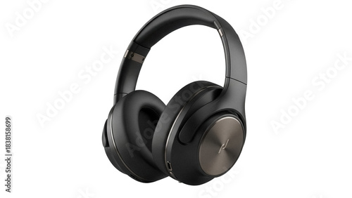 Black over-ear headphones isolated PNG on transparent background, wireless headset for music listening and audio entertainment