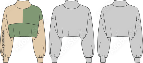 Cropped sweater fashion sketch, long sleeve high neck color block variation, cad drawing flat vector