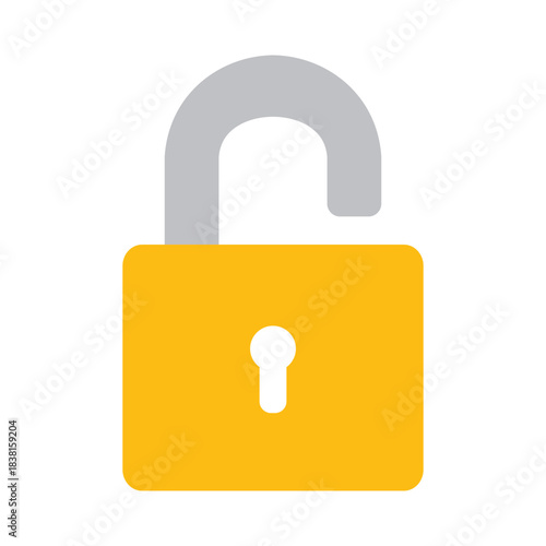 Open yellow padlock icon representing access and vulnerability flat design