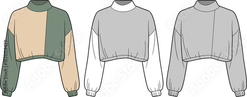 Cropped sweatshirt fashion sketch, long sleeve high neck color block solid variations, cad drawing flat vectorCropped sweatshirt fashion sketch, long sleeve 