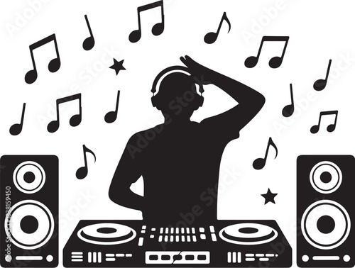 Black silhouette D J with headphones turntable speakers and musical notes