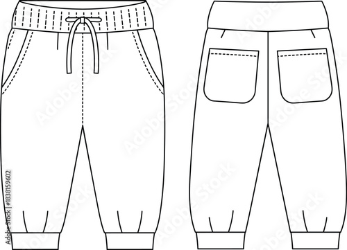 Jogger pants fashion sketch, ribbed cuffs patch pockets, drawstring waist front back, cad drawing flat vector