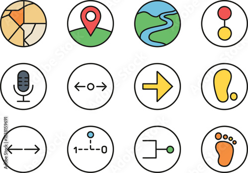 Vector outline icon set for navigation. Readcrumb clarity icon, large map marker, simplified route symbol, voice navigation button, easy-direction arrow set, and step counter indicator