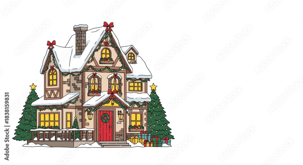 Naklejka premium Charming Christmas house covered in snow, decorated with festive garlands, bows, and a wreath, featuring two Christmas trees and gifts.