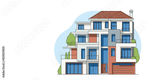 A stylish multi-story modern house with terraced levels, large blue windows, balconies, and a distinctive tiled roof.