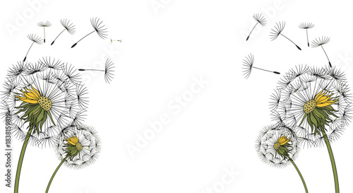 Two illustrated dandelions with fluffy seed heads releasing their seeds into the wind against a clean white background.