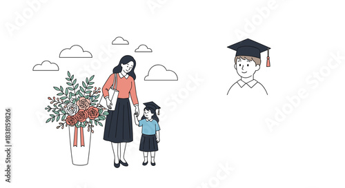 An illustration of a mother and daughter celebrating an early graduation with a flower bouquet, featuring a young male graduate.