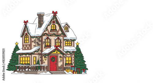 Charming Christmas house covered in snow, decorated with festive garlands, bows, and a wreath, featuring two Christmas trees and gifts.