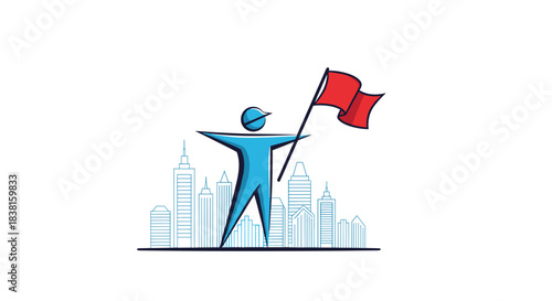 Triumphant leader figure holding a red flag stands confidently before a modern city skyline, symbolizing success, achievement, and urban aspiration.