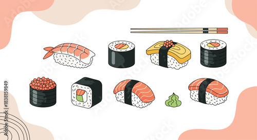 An illustrative collection of various sushi types including nigiri, maki, and gunkan, alongside chopsticks and wasabi, set against a modern, minimalist background.