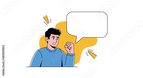 Young man with a determined expression clenching his fist, next to an empty speech bubble for conveying a message or idea.