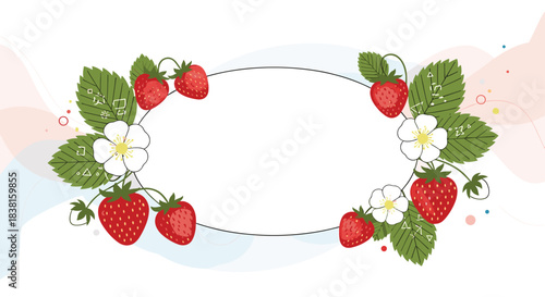 Fresh strawberry and flower border frame with green leaves and a clean white background, perfect for summer designs.