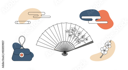 A flat lay arrangement of traditional Japanese cultural items, featuring a decorative folding fan with sakura, a small purse, and elegant cloud motifs.