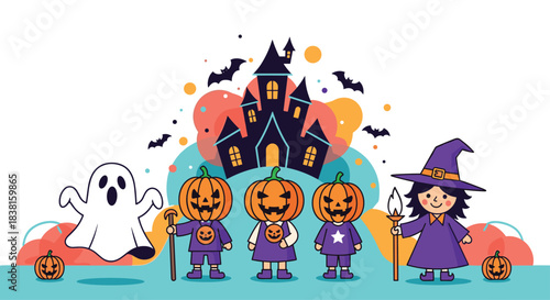 A friendly ghost, a witch, and costumed kids with pumpkin heads gather for Halloween trick-or-treating in front of a spooky haunted house.