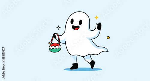 A cheerful cartoon ghost character, dressed in white, walks happily while holding a festive red and green treat basket, ready for celebration.