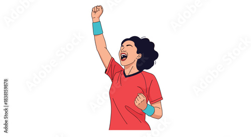 A vibrant female athlete in a red shirt and blue wristbands triumphantly celebrates a victory with her fist raised high.