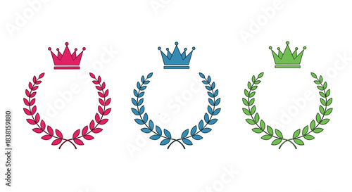 Three colorful laurel wreaths with crowns, symbolizing victory, success, and achievement, on a white background.
