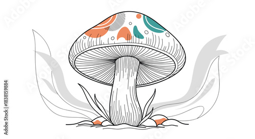 Detailed outline drawing of a whimsical mushroom with a patterned cap and surrounding foliage, suitable for a coloring book.