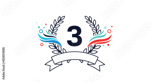 Stylized number 3 icon encircled by a laurel wreath and ribbons, adorned with colorful abstract elements, representing a third-place or anniversary.
