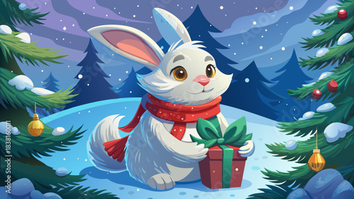 Very beautiful close-up image of a fluffy white rabbit wearing a tiny festive scarf while Santa gently hands it a small present beside a decorated pine tree in soft winter light.