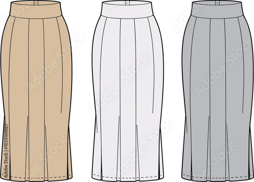 Long pleated skirt fashion sketch, high waist center seam side slit hem, cad drawing flat vector
